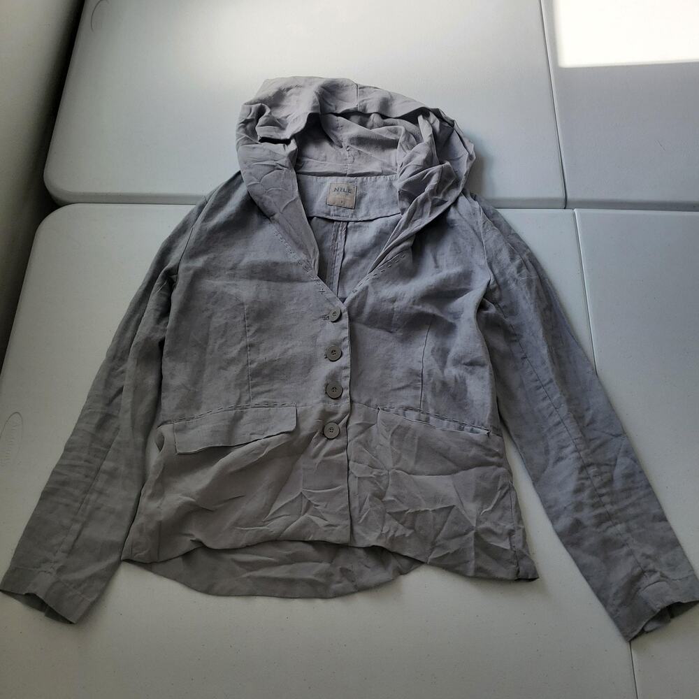 NILE Jacket Womens Small Gray Linen Silk Hooded Button Lightweight Lagenlook